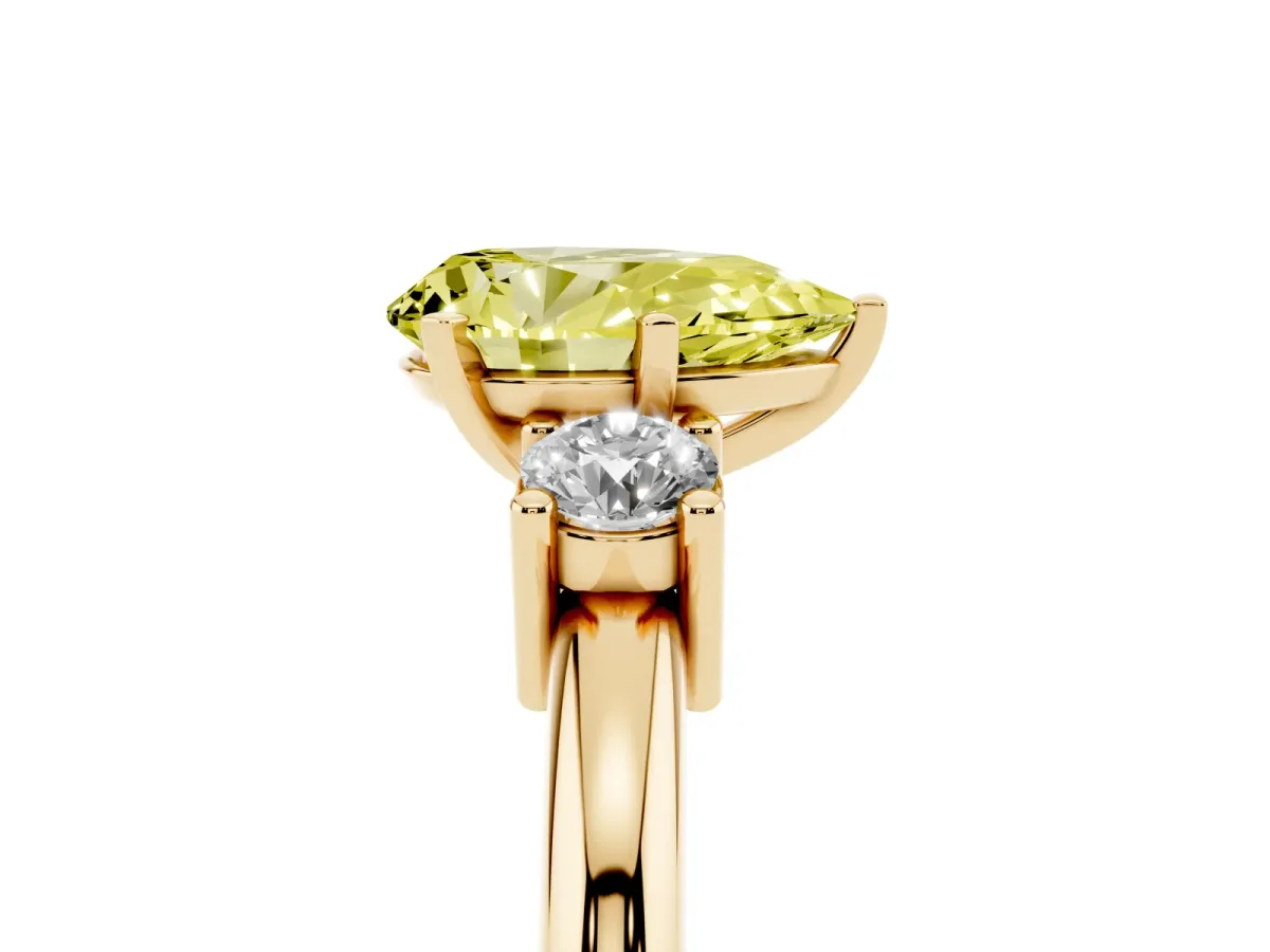 Fancy Yellow Three-Stone Pear Cut Cut Diamond Solitaire with Prong Setting and Classic Band Yellow gold