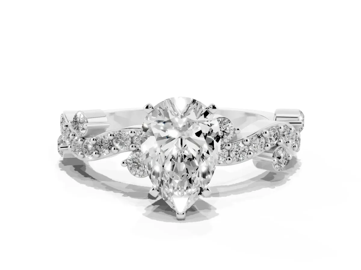 Pear Cut Cut Solitaire Diamond Twisted Band with Pave Setting Silver