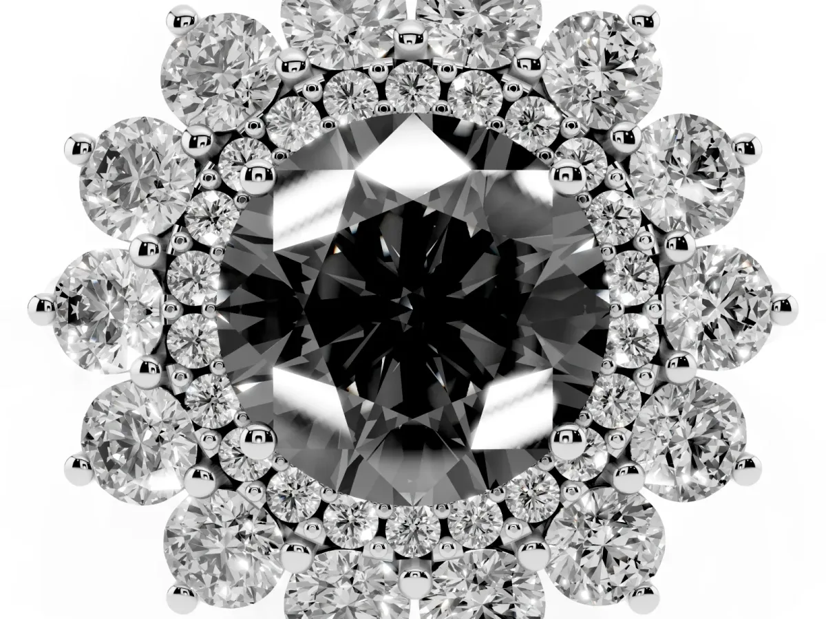 Fancy Black Round Cut Diamond Floral Double Halo Engagement Ring with Prong Setting Platinum