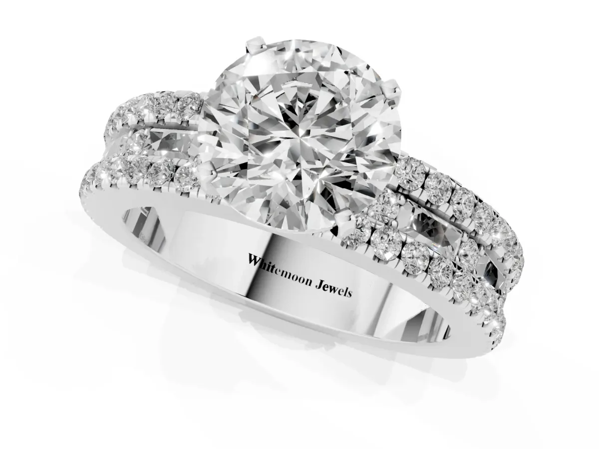 Round Cut Diamond Solitaire Ring with Pavé and Channel Set Band Silver