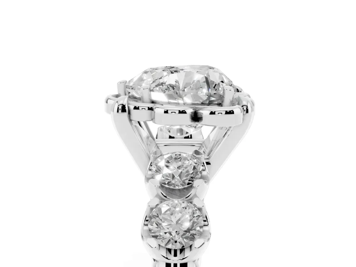 Heart Cut Cut Diamond Floral Halo Engagement Ring with Shared Prong Setting Silver