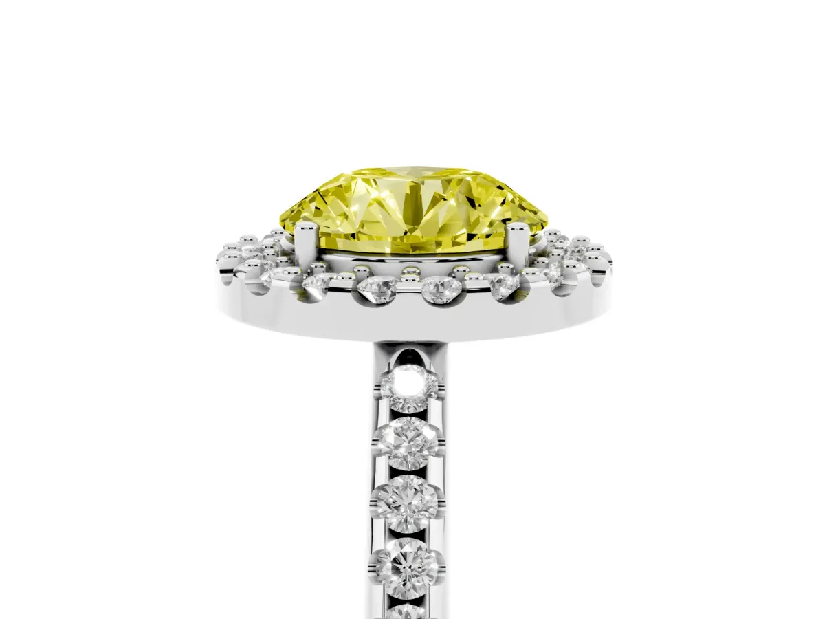 Fancy Yellow Round Cut Diamond Pavé Halo Ring with Four-Prong Setting Platinum