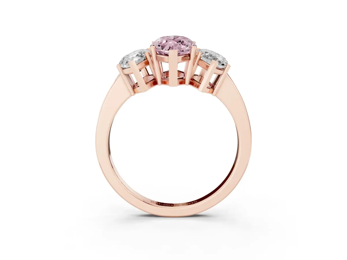 Fancy Pink Three-Stone Marquise Cut Cut Diamond Engagement Ring with Flat Band and Four-Prong Setting Rose gold