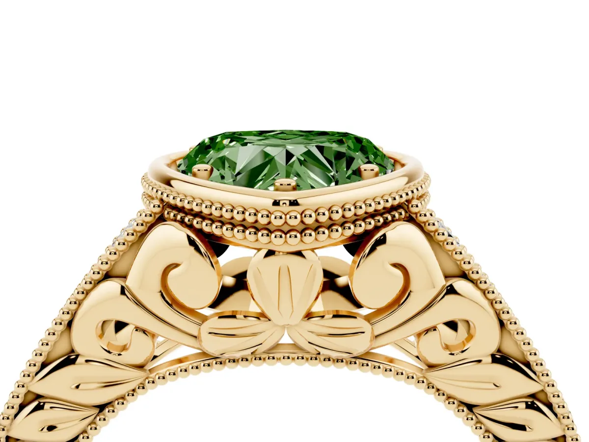 Fancy Green Bezel Set Heart Cut Diamond Milgrain Pave Engagement Ring Yellow gold