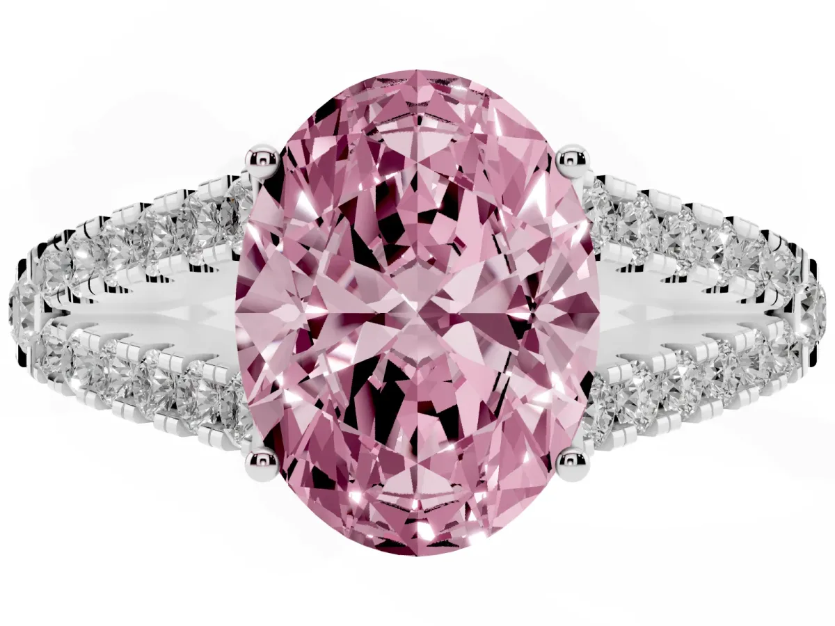 Fancy Pink Oval Cut Diamond Split Shank Engagement Ring with Round Pavé and Prong Setting Silver