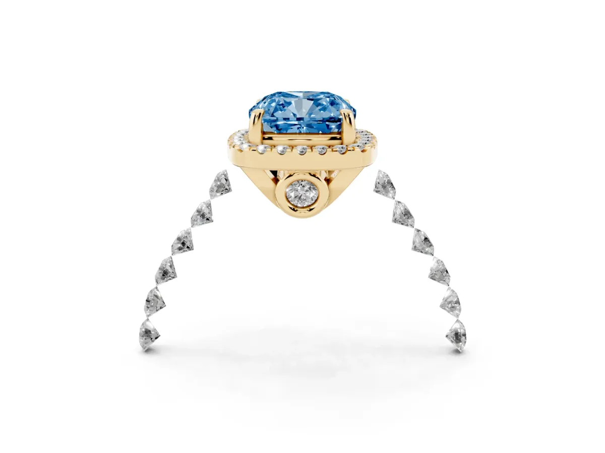 Fancy Blue Cushion Cut Halo Pavé Diamond Engagement Ring with Four-Prong Setting Yellow gold
