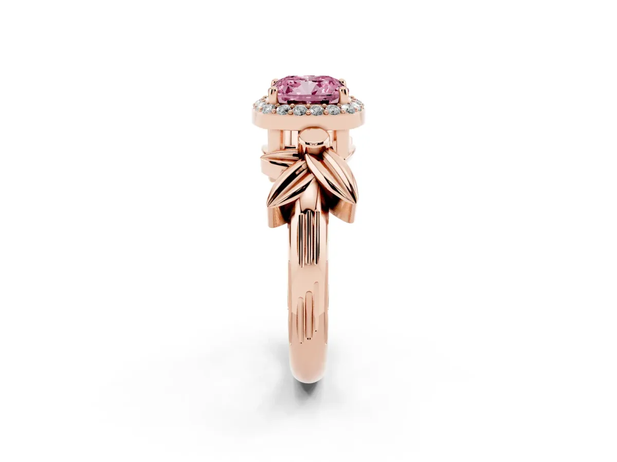 Fancy Pink Cushion Cut Halo Diamond Floral Band with Four-Prong Setting Rose gold