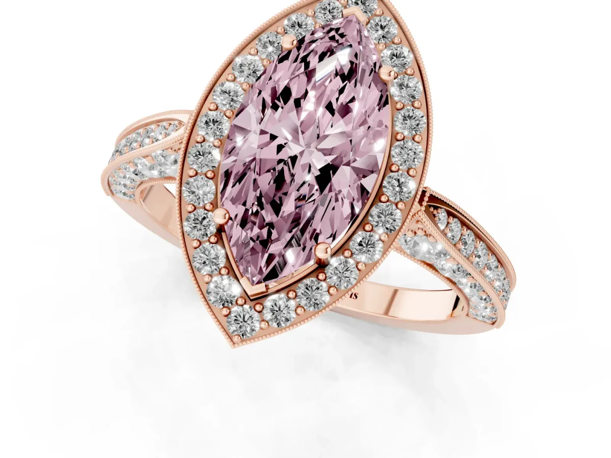 Fancy Pink Marquise Cut Halo Diamond Engagement Ring with Split Shank Band and Four-Prong Setting Rose gold
