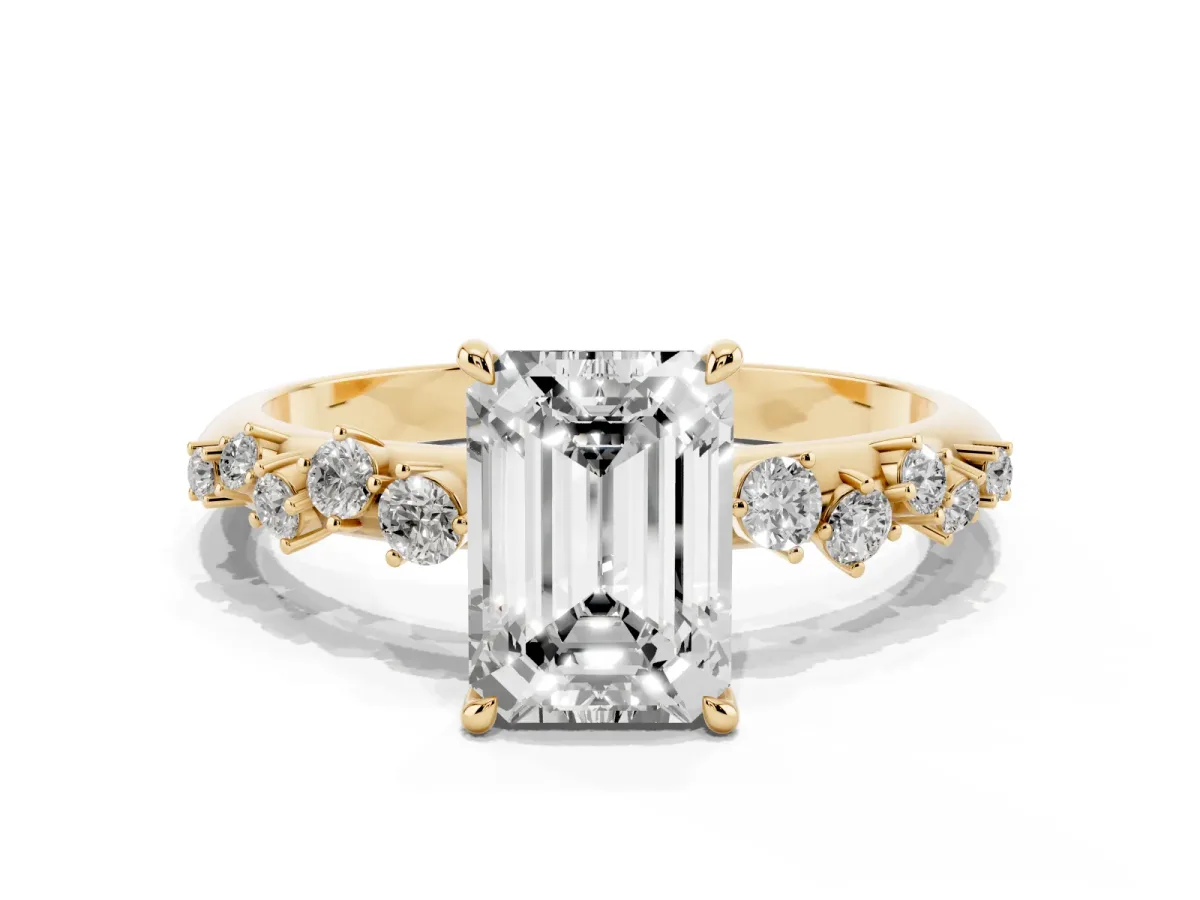 Emerald Cut Diamond Cluster Side Stone Solitaire Ring with Prong Setting Yellow gold