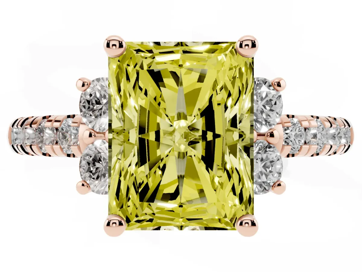 Fancy Yellow Radiant Cut Diamond Three-Stone Pave Band with Four-Prong Setting Rose gold