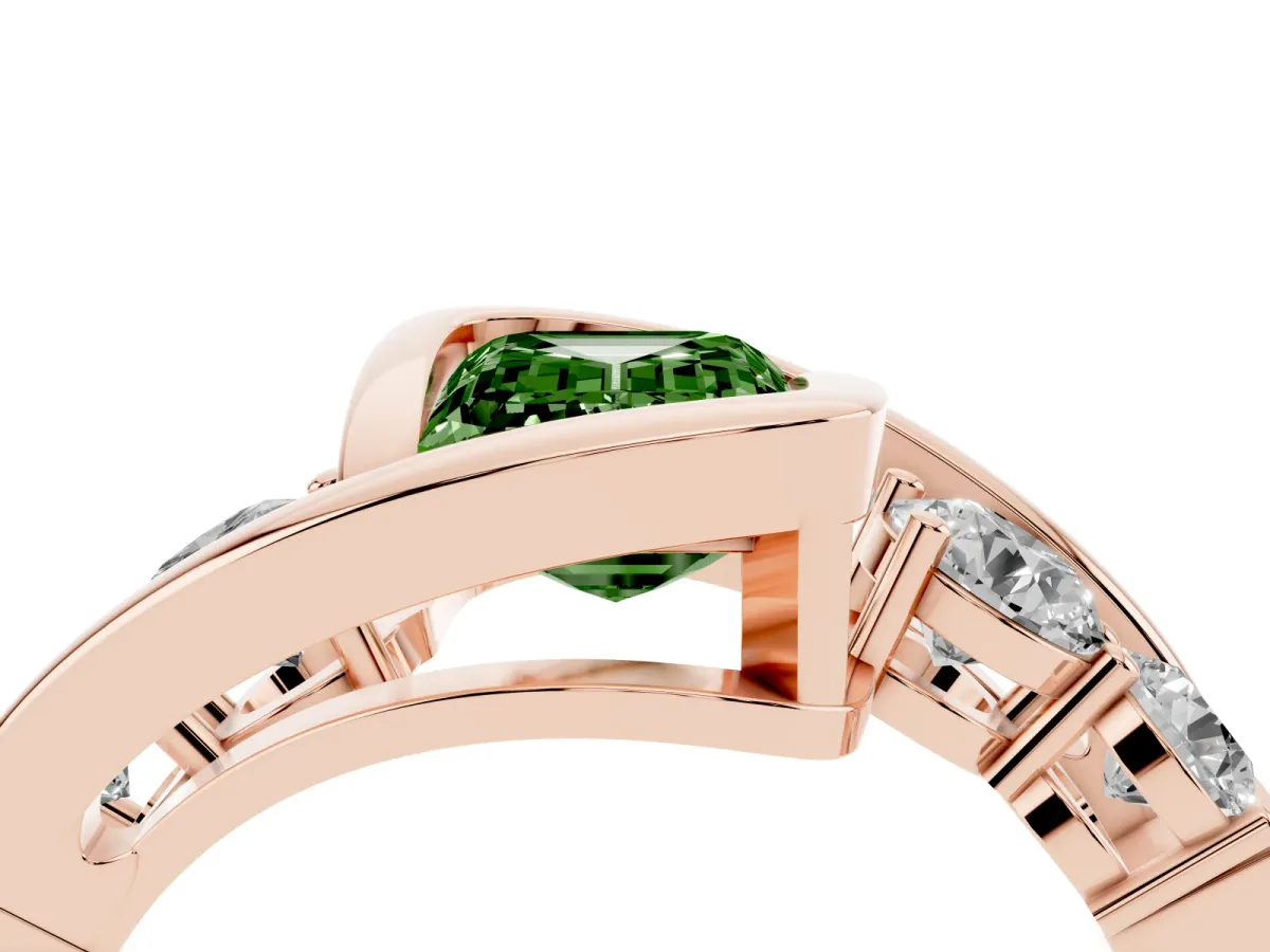 Fancy Green Bezel Set Emerald Cut Diamond Bypass Ring with Round Accents Rose gold