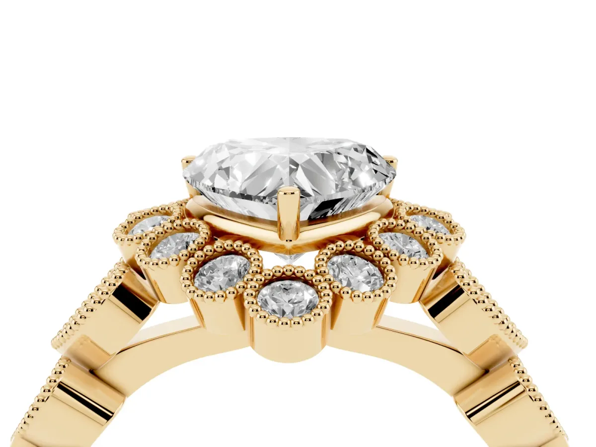 Heart Cut Brilliant Milgrain Pave Heart Band Solitaire Ring Yellow gold