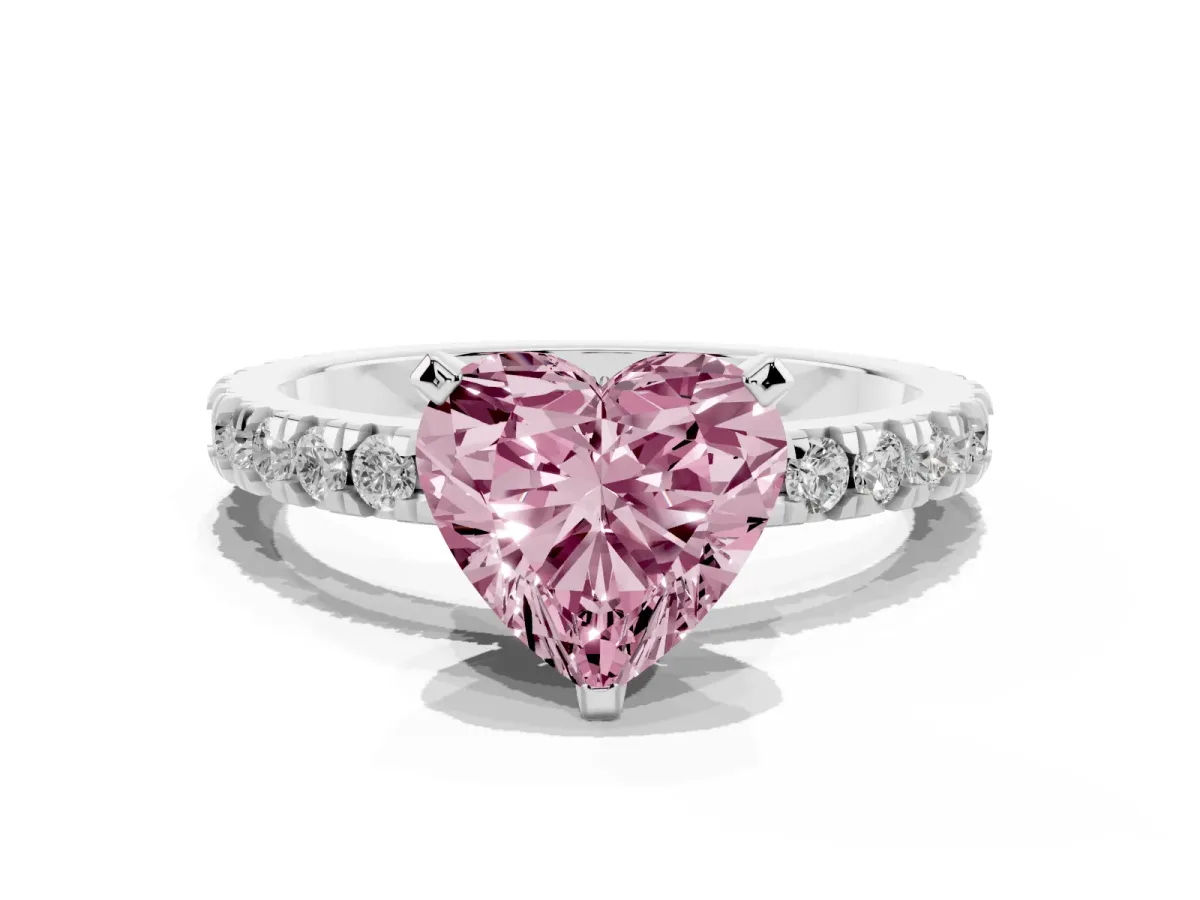 Fancy Pink Heart Cut Diamond Pavé Band Solitaire with Four-Prong Setting Silver