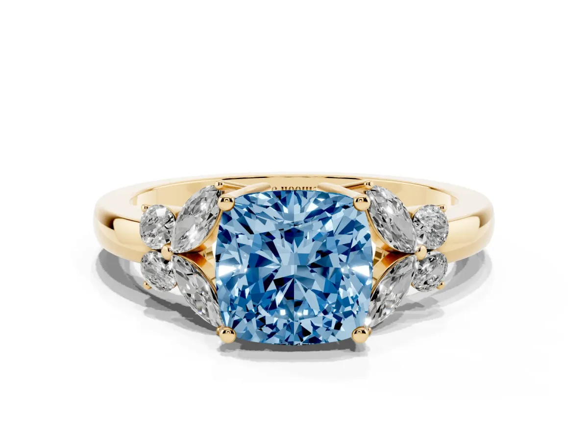 Fancy Blue Cushion Cut Cut Solitaire Floral Diamond Ring with Four-Prong Setting Yellow gold