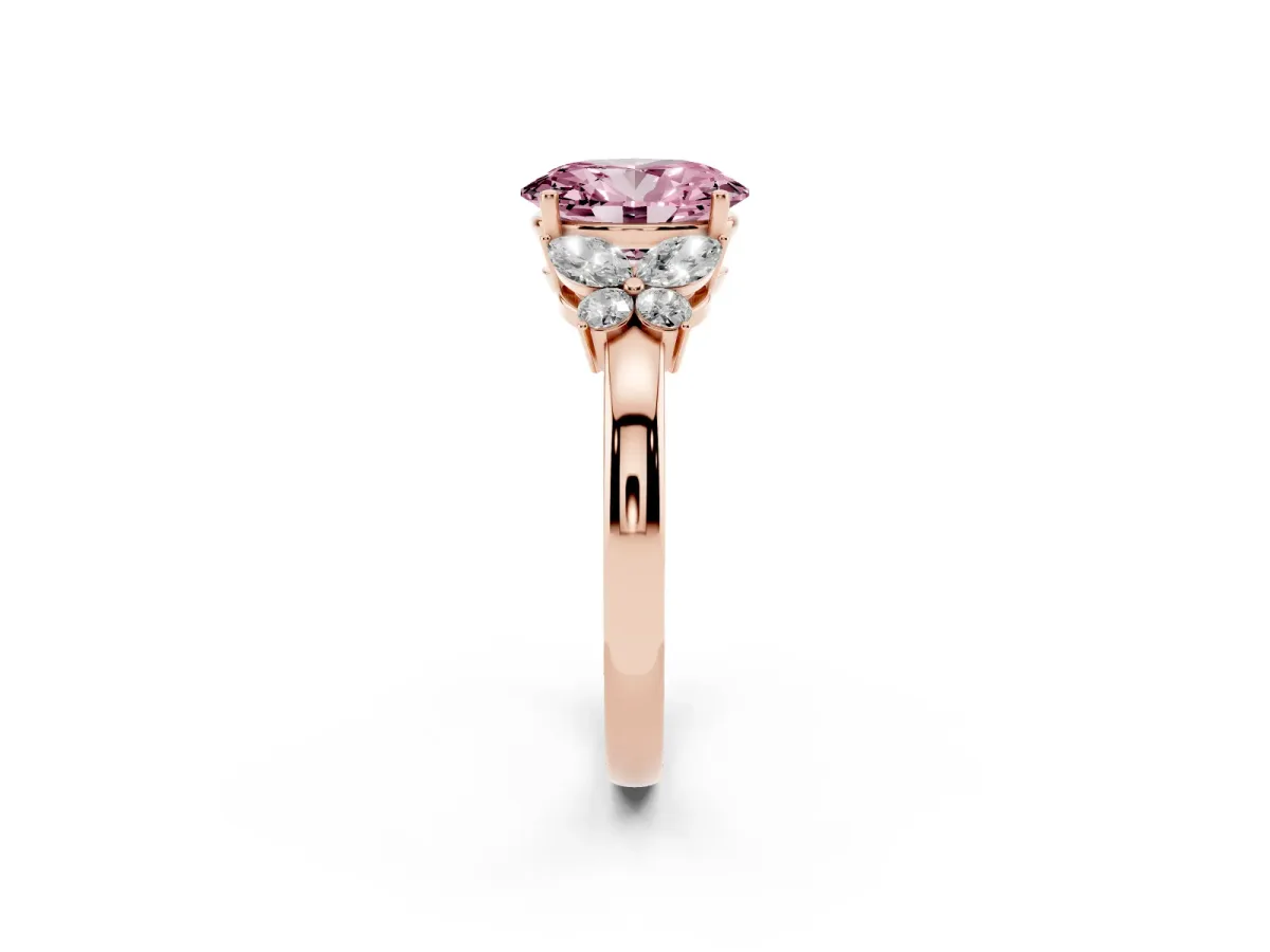 Fancy Pink Oval Cut Cut Solitaire Floral Diamond Ring with Four-Prong Setting Rose gold