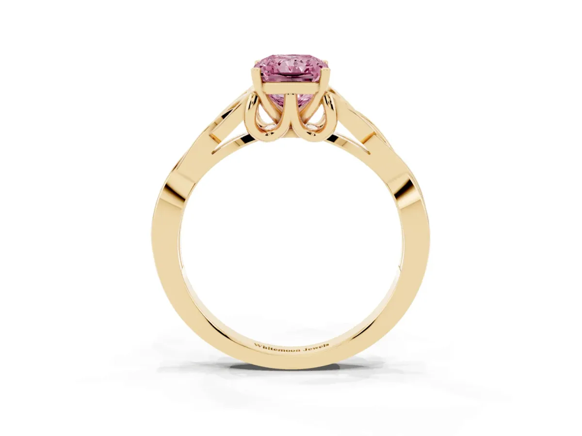 Fancy Pink Radiant Cut Diamond Solitaire Engagement Ring with Celtic Knot Band and Four-Prong Setting Yellow gold