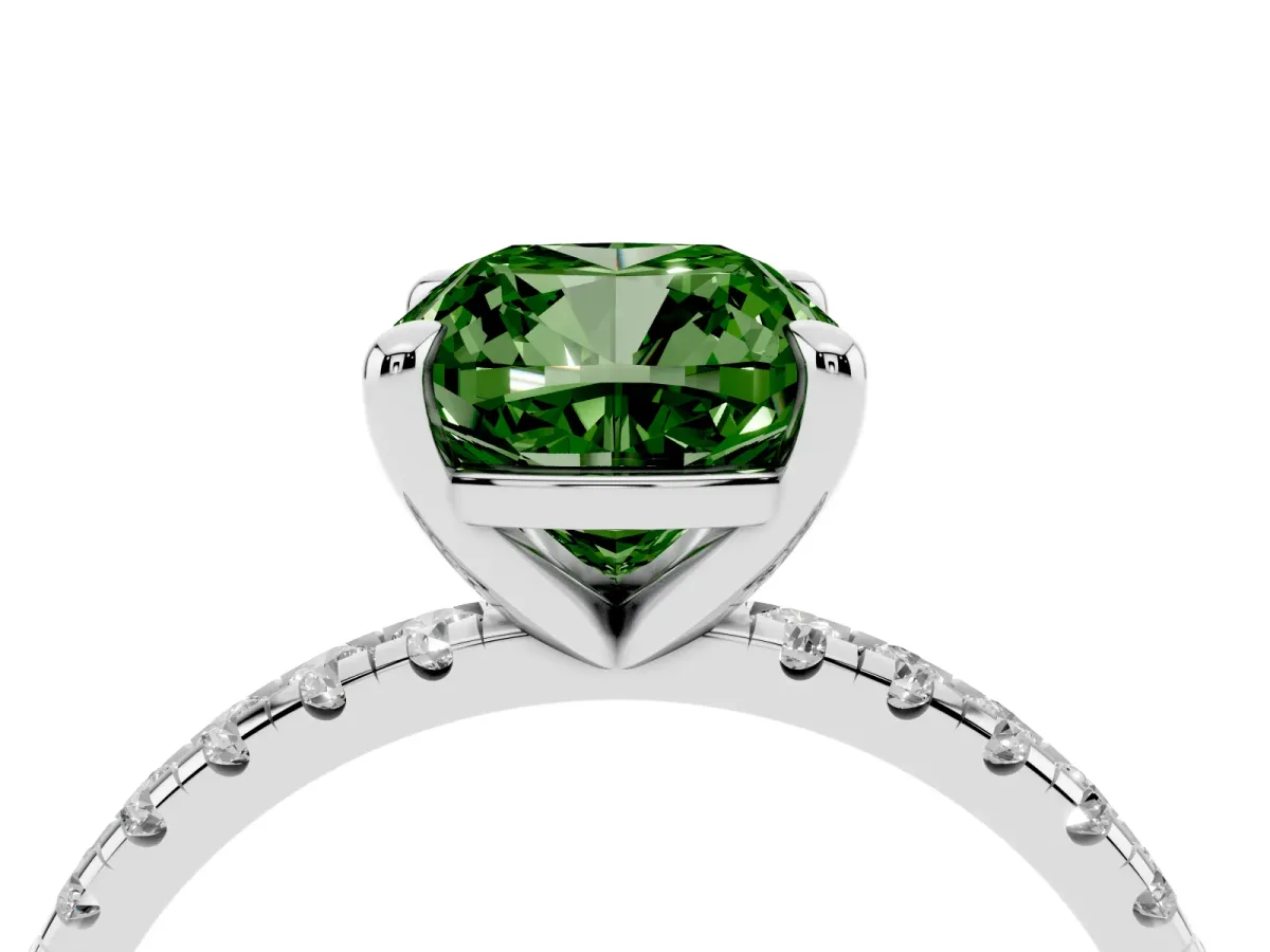 Fancy Green Cushion Cut Diamond Brilliant Solitaire Ring with Pavé Band and Four-Prong Setting Platinum