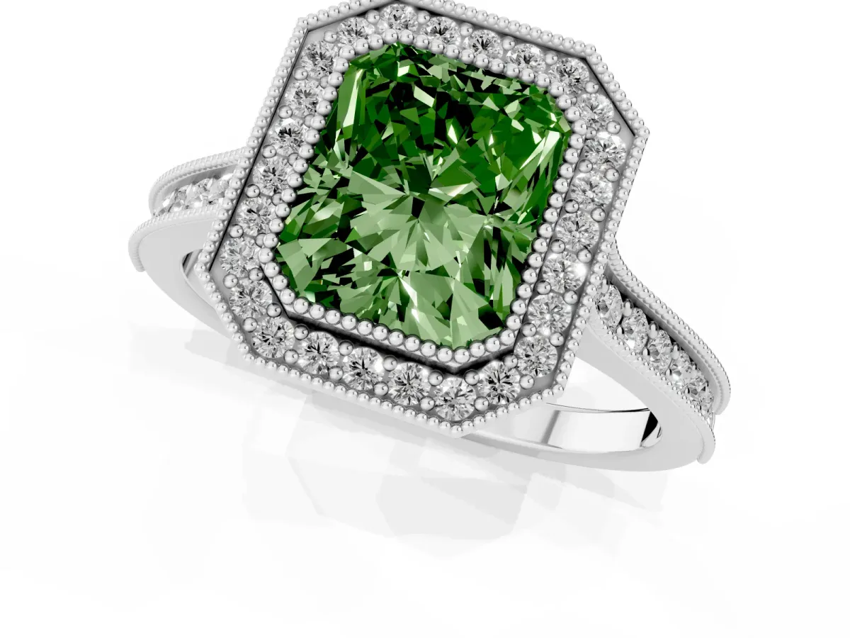 Fancy Green Halo Radiant Cut-Cut Diamond Pave Band Milgrain Prong Setting Ring Platinum
