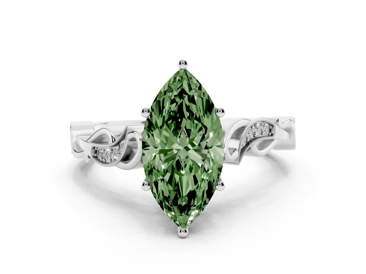 Fancy Green Marquise Cut Solitaire Vine Band with Milgrain Prong Setting Silver