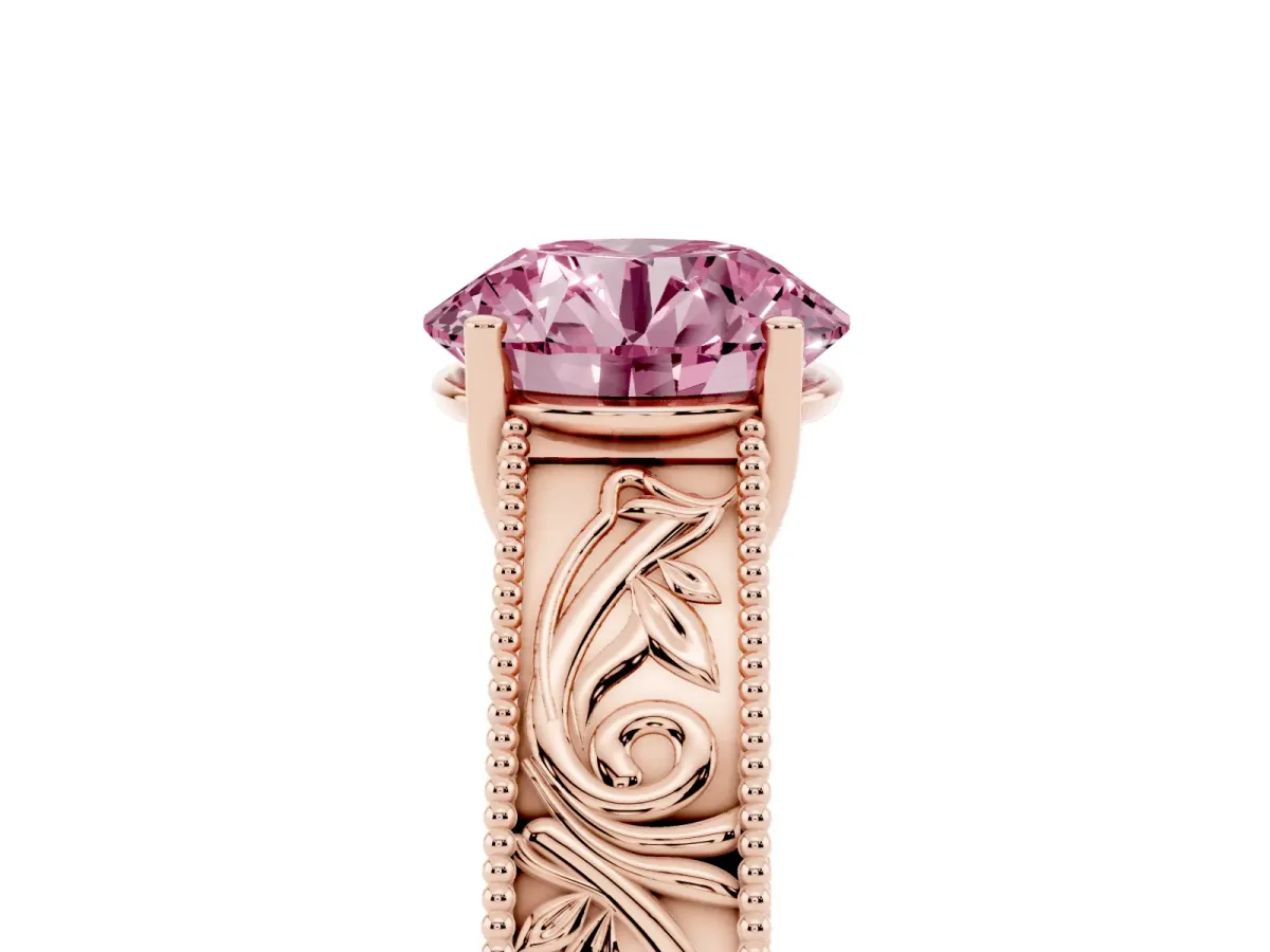 Fancy Pink Round Cut Diamond Solitaire Ring with Engraved Band and Four-Prong Setting Rose gold