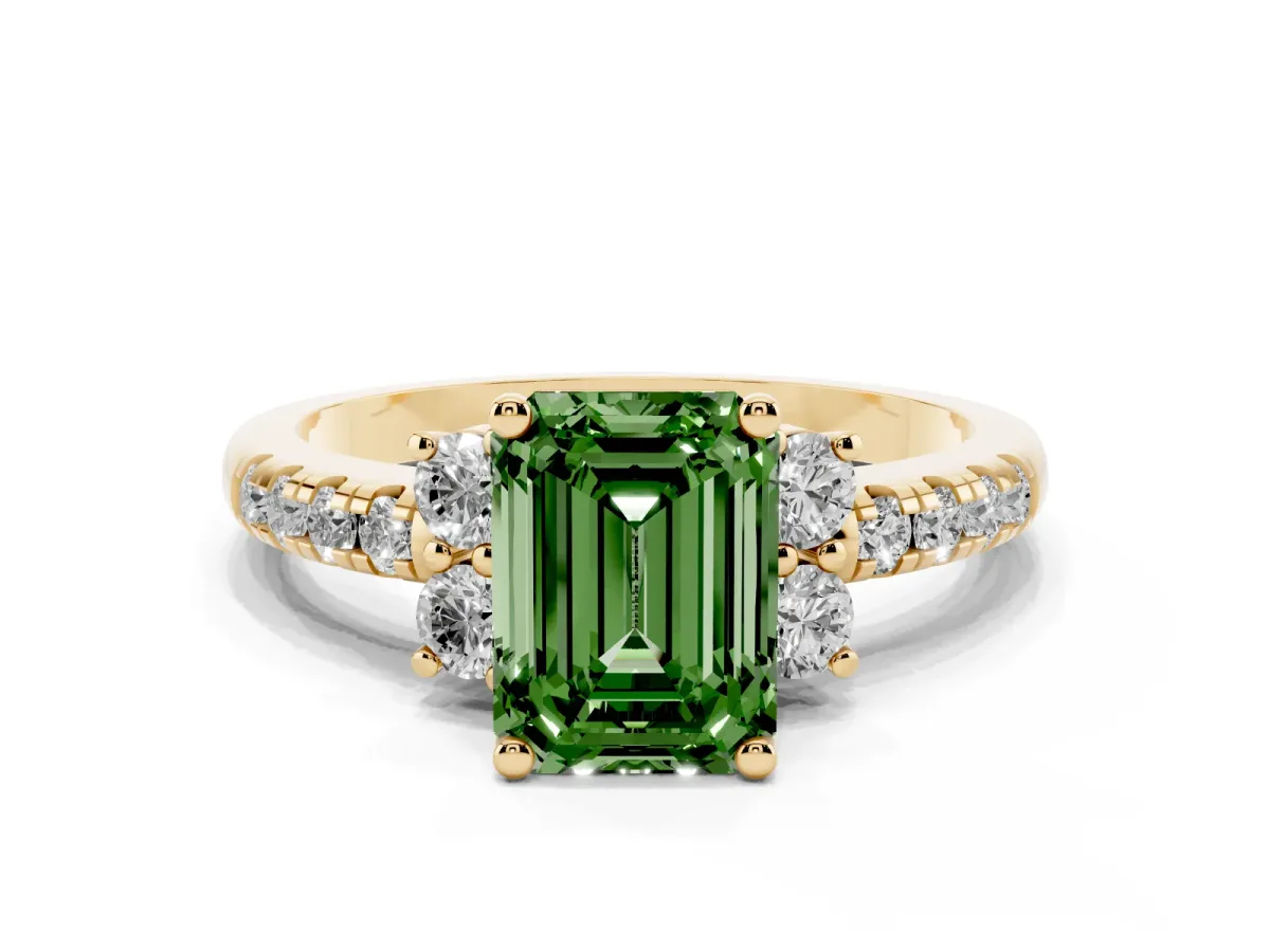 Fancy Green Emerald Cut Diamond Three-Stone Pave Band with Four-Prong Setting Yellow gold