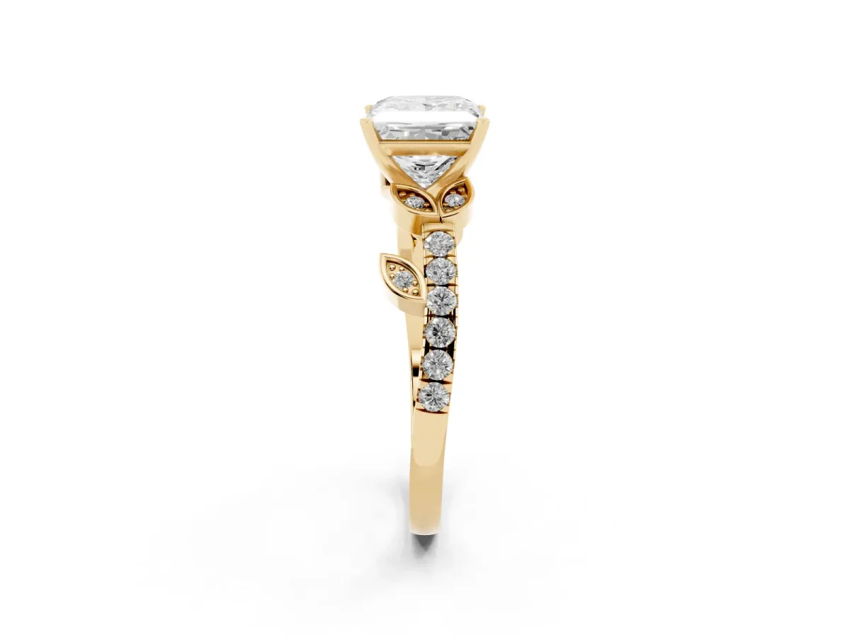 Princess Cut Solitaire Leaf-Inspired Diamond Ring with Pavé Band and Four-Prong Setting Yellow gold