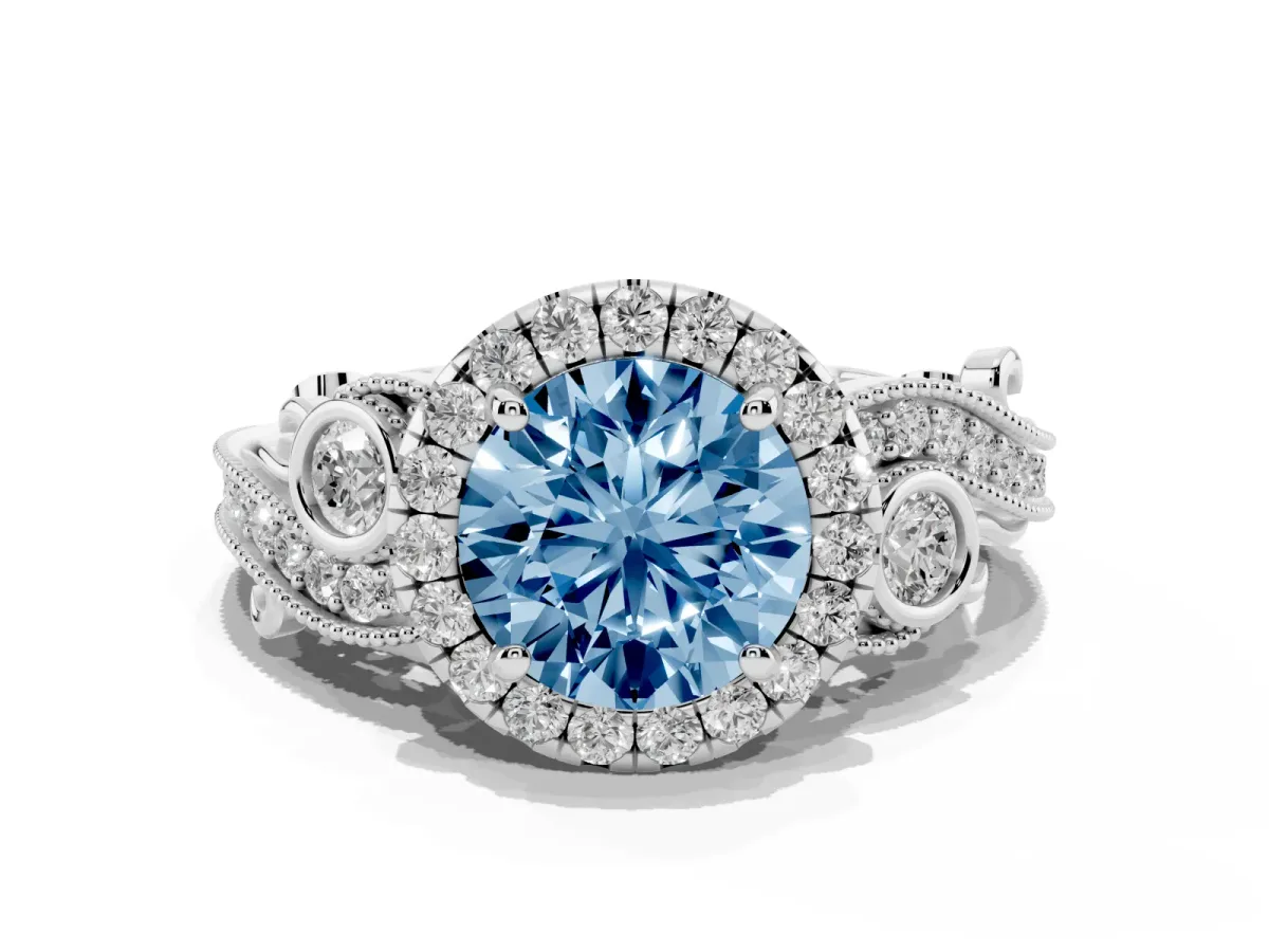Fancy Blue Round Cut Halo Diamond Ring with Milgrain and Bezel Accents on a Split Shank Band White gold