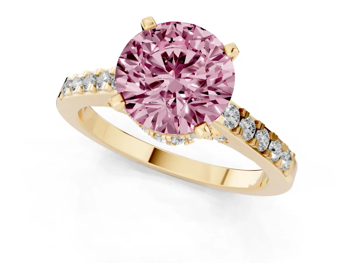 Fancy Pink Round Cut Diamond Solitaire Ring with Crossover Gallery and Round Pavé Band Yellow gold