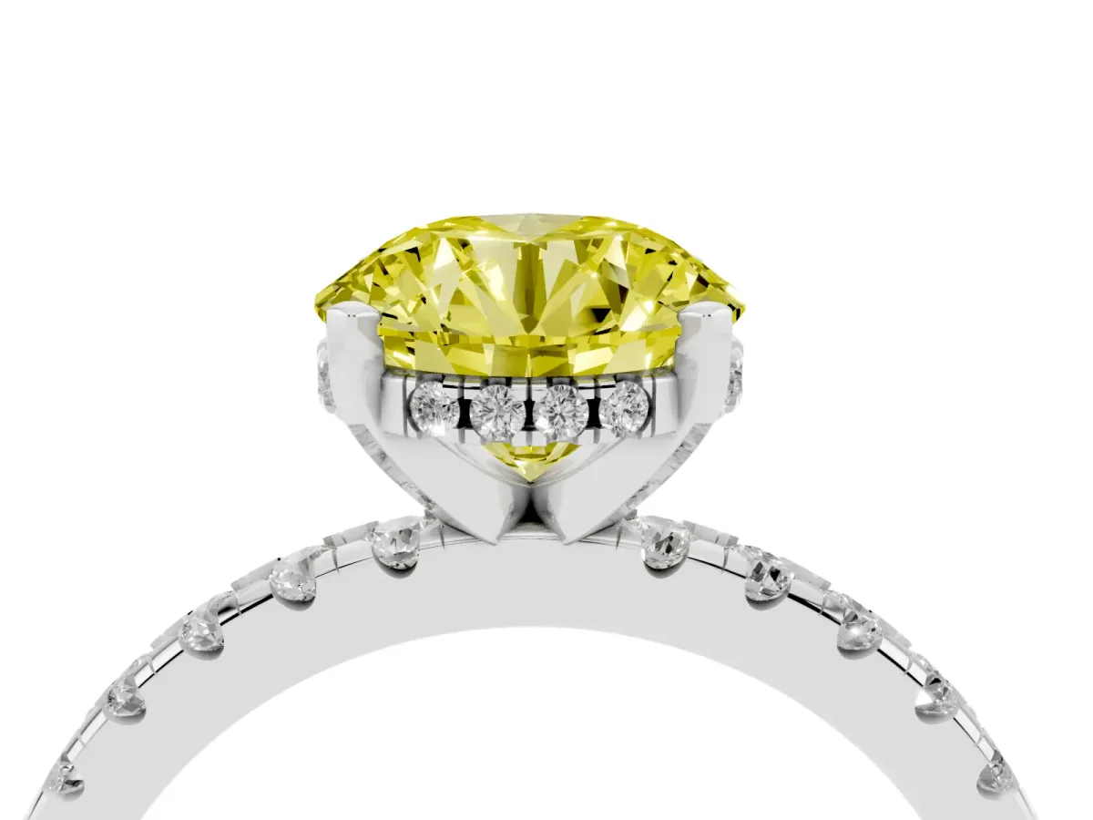 Fancy Yellow Round Cut Diamond Solitaire Ring with Round Pavé Band and Four-Prong Setting Silver