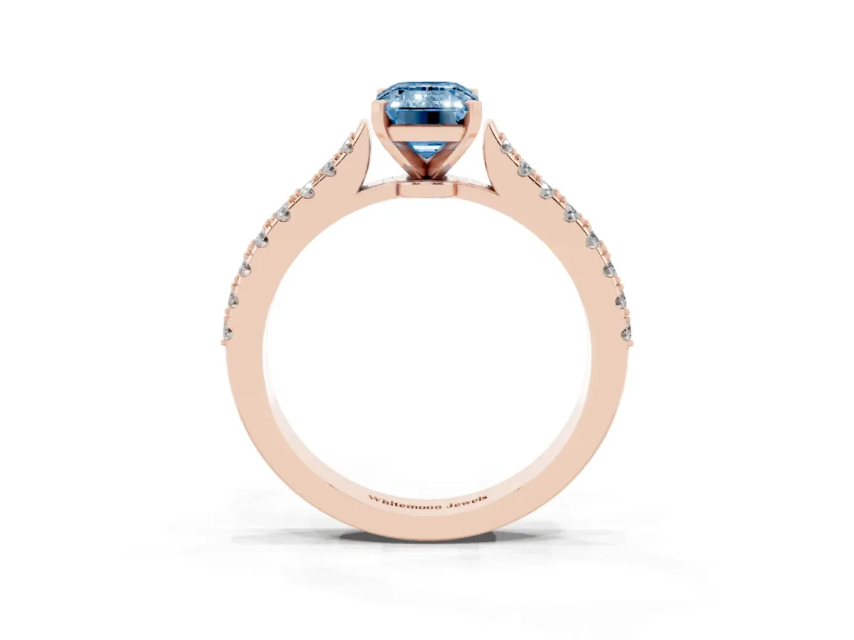 Fancy Blue Emerald Cut Cut Solitaire Diamond Engagement Ring with Pave Band and Four-Prong Setting Rose gold