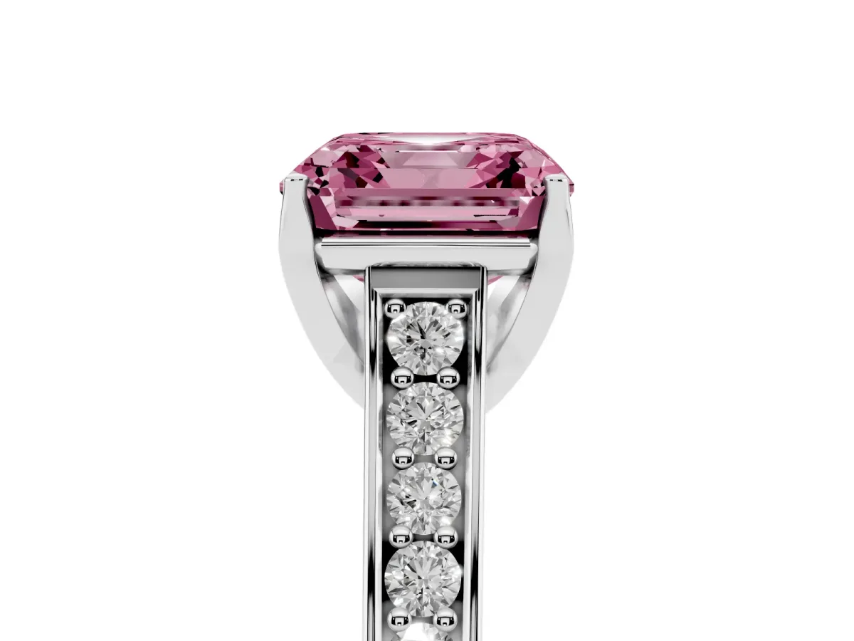 Fancy Pink Asscher Cut Brilliant Cut Diamond Engagement Ring with Pavé Band and Four-Prong Setting Silver