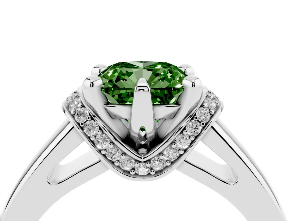 Fancy Green Cushion Cut Solitaire Diamond Ring with Pave Band and Six-Prong Setting Platinum