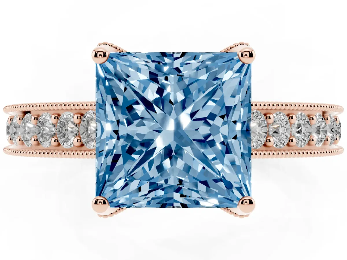 Fancy Blue Princess Cut Cut Diamond Solitaire Ring with Milgrain Pave Band and Four Prong Setting Rose gold
