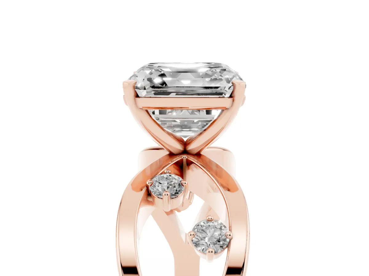 Asscher Cut Cut Solitaire Diamond with Side Stones on Criss-Cross Band and Four-Prong Setting Rose gold