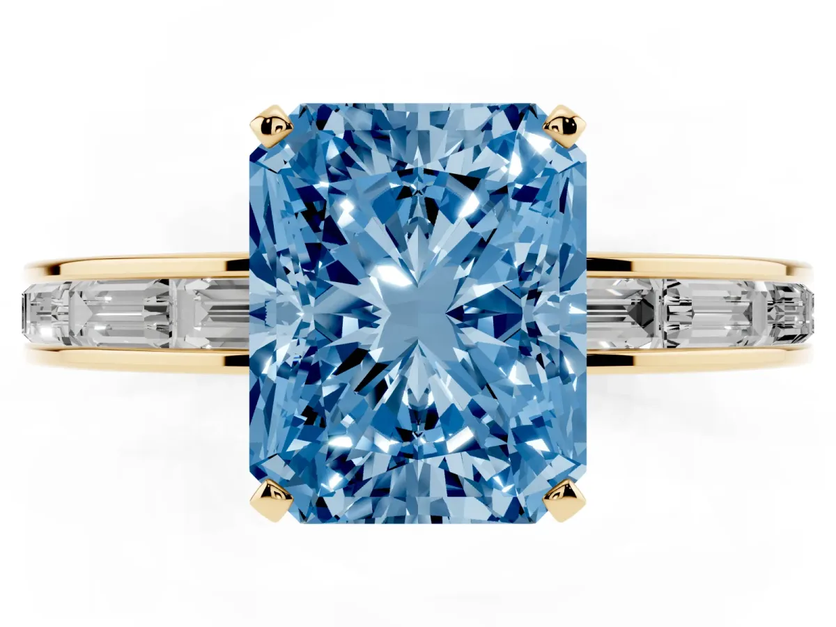 Fancy Blue Radiant Cut Solitaire Diamond Ring with Channel-Set Baguette Band and Four-Prong Setting Yellow gold