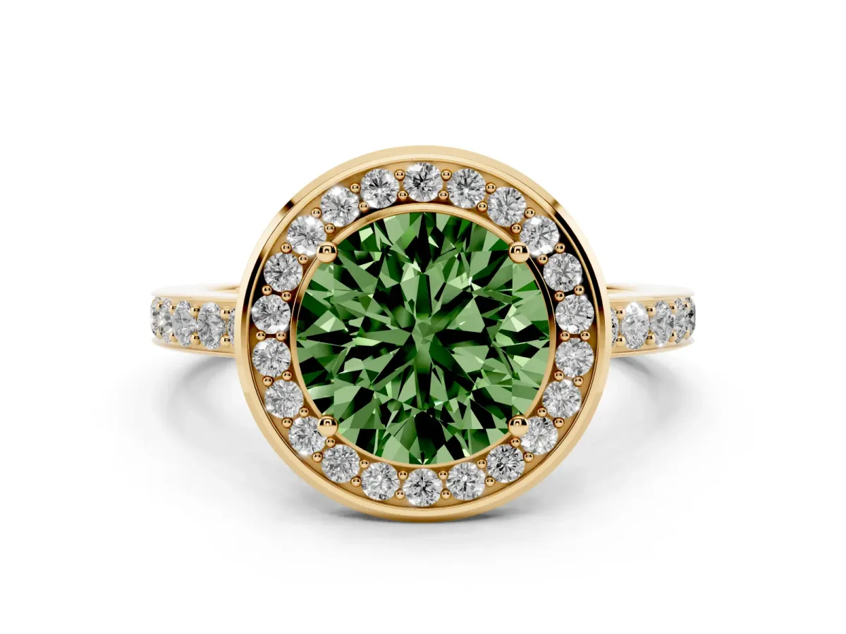 Fancy Green Round Cut Diamond Halo Ring with Bezel Frame and Pavé Band Yellow gold