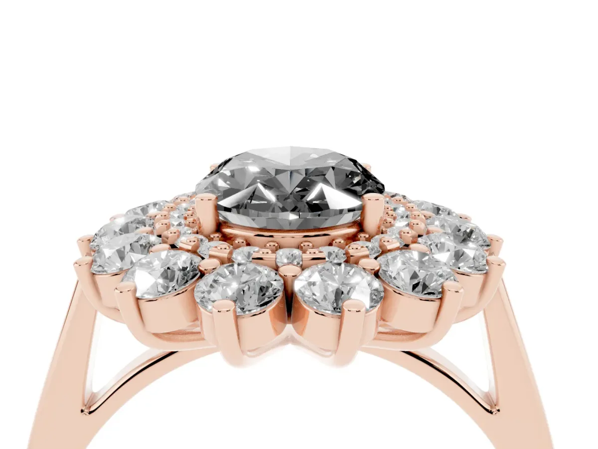 Fancy Black Oval Cut Diamond Floral Double Halo Engagement Ring with Prong Setting Rose gold