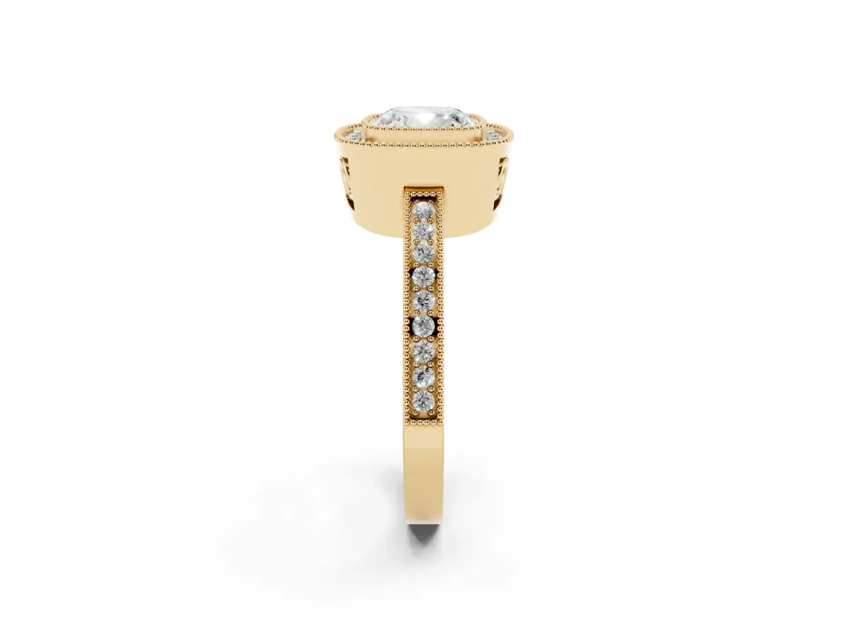 Cushion Cut Cut Halo Diamond Ring with Pavé Band and Milgrain Prong Setting Yellow gold