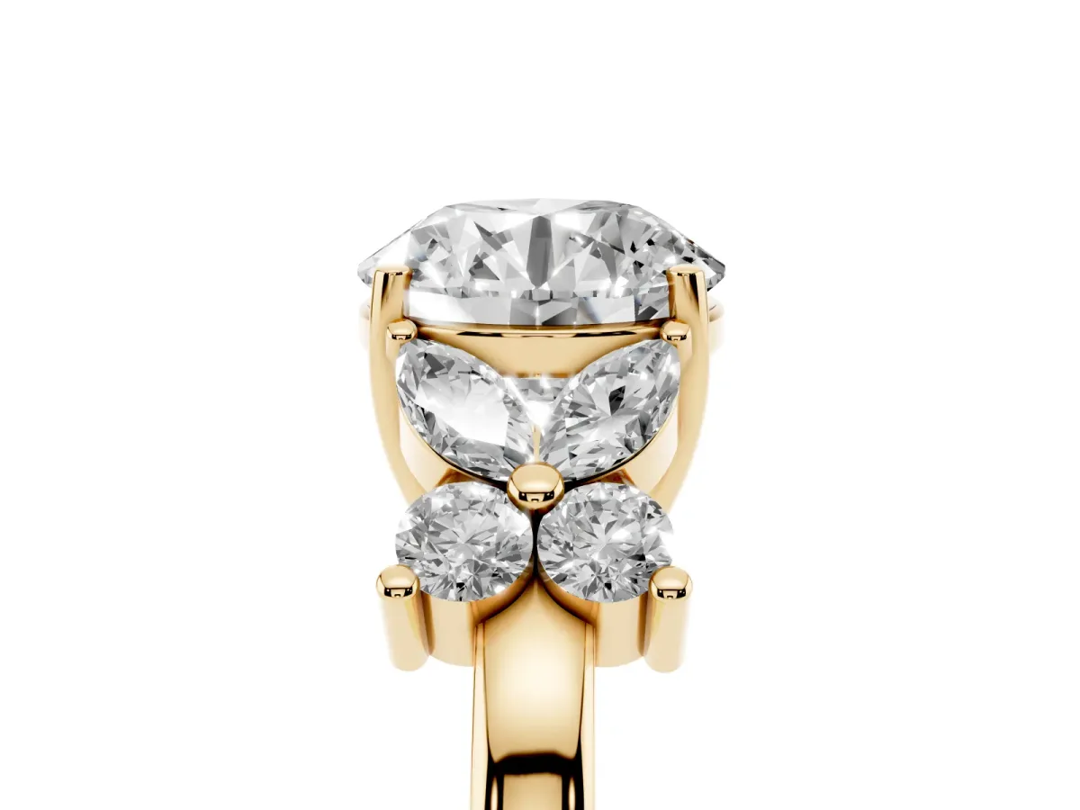 Round Cut Diamond Floral Cluster Ring with Solitaire Band and Prong Setting Yellow gold