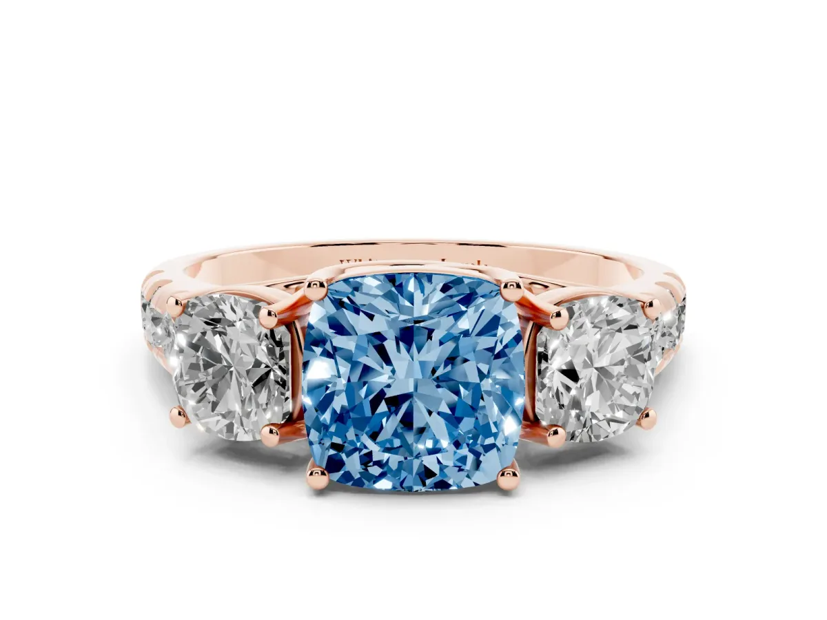 Fancy Blue Three-Stone Cushion Cut Diamond Pavé Band with Prong Setting Rose gold