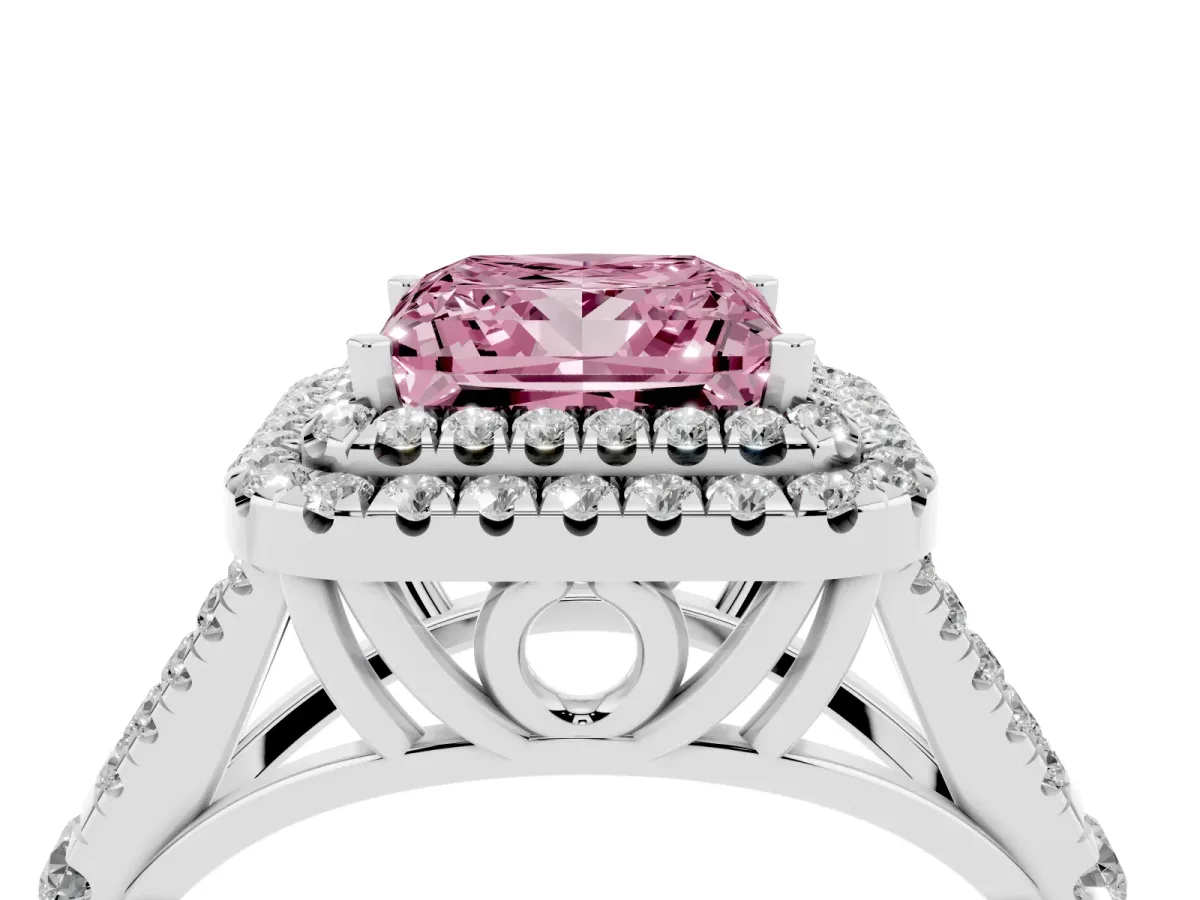 Fancy Pink Princess Cut Cut Double Halo Split Shank Diamond Ring with Prong Setting White gold