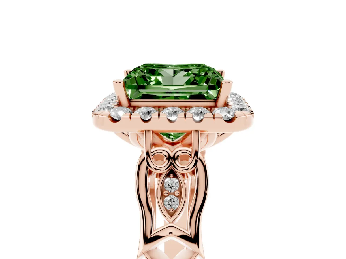 Fancy Green Princess Cut Halo Diamond Engagement Ring with Filigree Band and Four-Prong Setting Rose gold