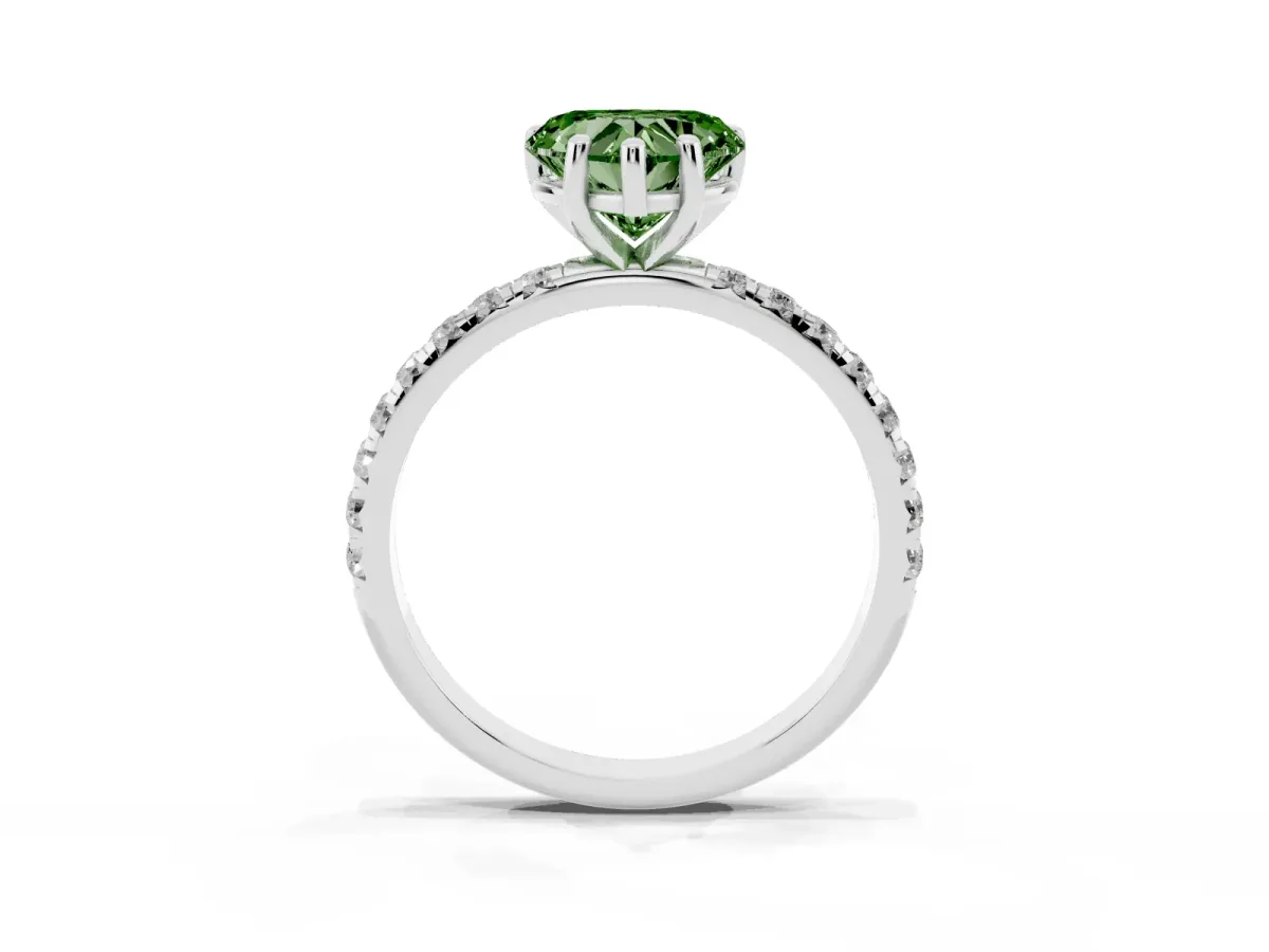 Fancy Green Heart Cut Cut Diamond Solitaire Ring with Micro Pave Band and Four Prong Setting Silver