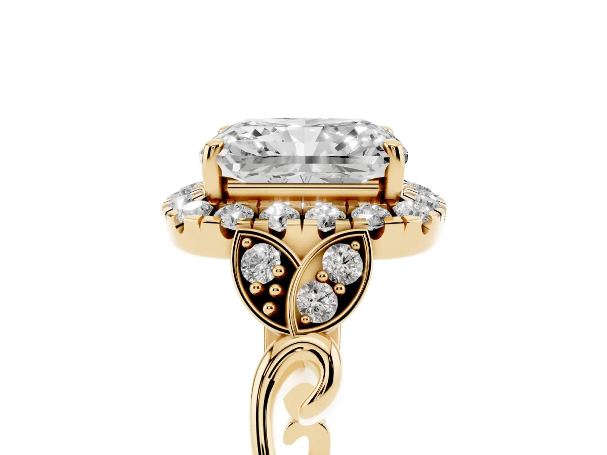 Radiant Cut Halo Diamond Engagement Ring with Vintage-Inspired Band and Four-Prong Setting Yellow gold
