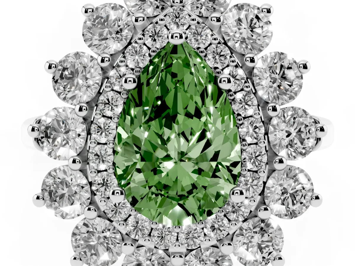 Fancy Green Pear Cut Diamond Floral Double Halo Engagement Ring with Prong Setting Silver
