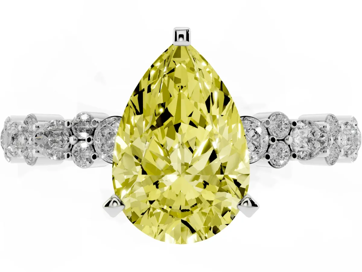 Fancy Yellow Pear Cut Diamond Side Stone Solitaire Ring with Round and Four-Prong Setting Platinum