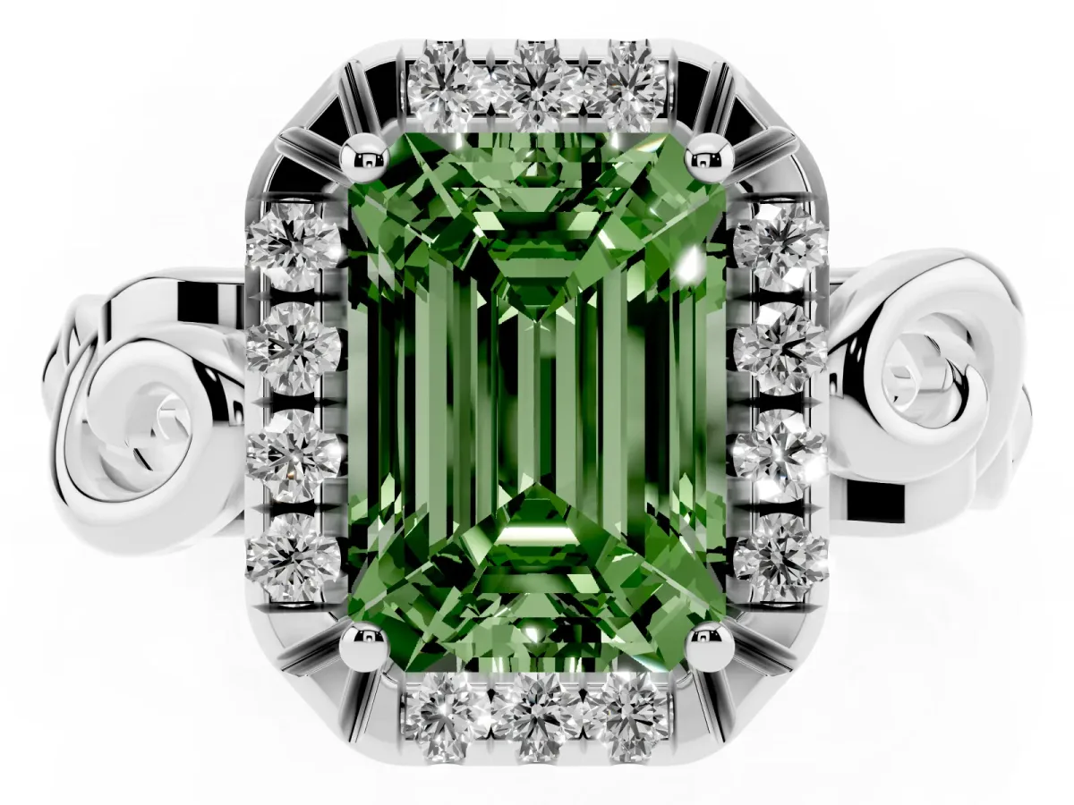 Fancy Green Emerald Cut Cut Halo Diamond Ring with Scrollwork Band and Four-Prong Setting Silver