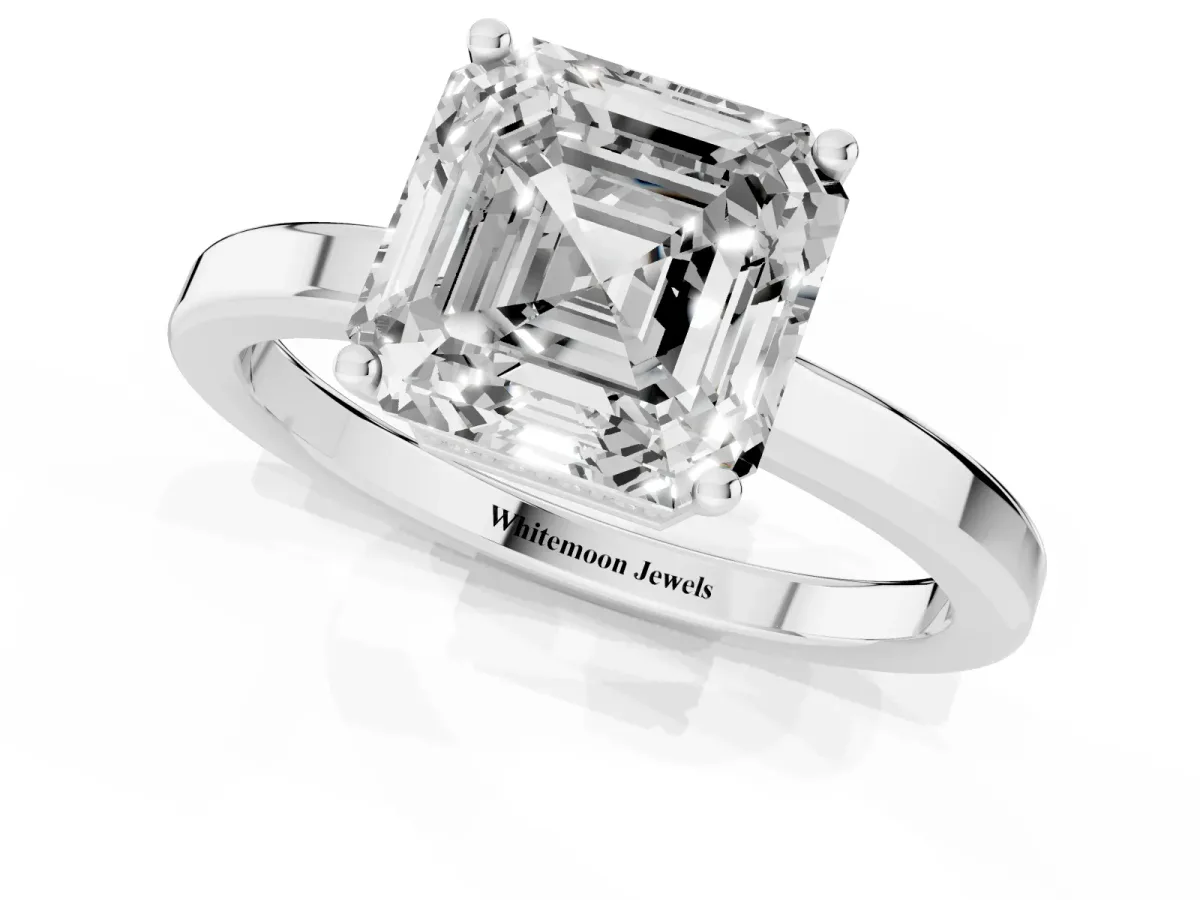 Asscher Cut Cut Solitaire Engagement Ring with Four-Prong Setting on a Classic Band Silver