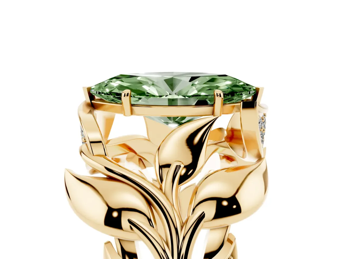 Fancy Green Marquise Cut Diamond Leaf-Inspired Engagement Ring with Round Accents and Prong Setting Yellow gold