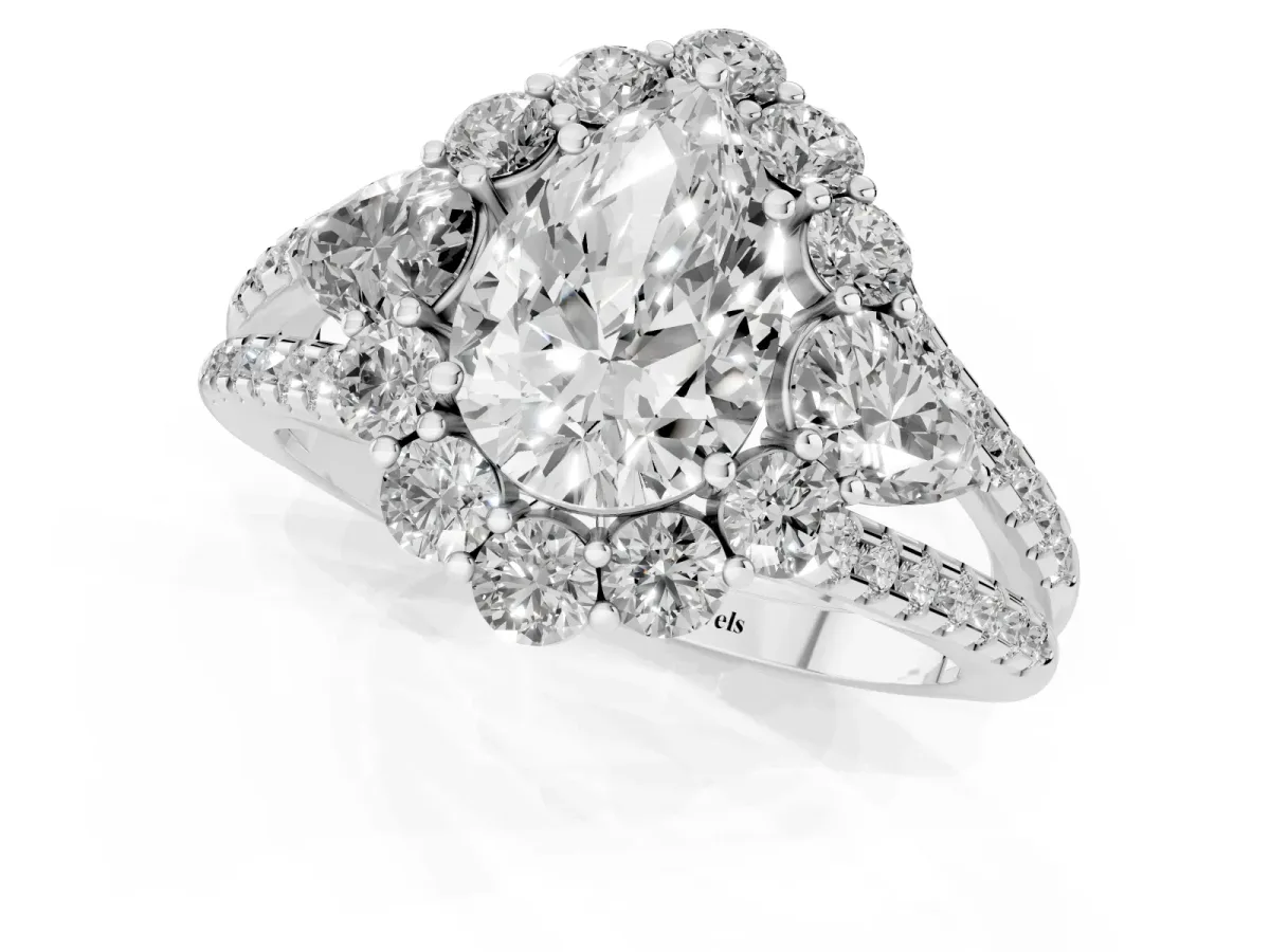 Pear Cut Halo Split Shank Diamond Engagement Ring with Prong Setting Silver